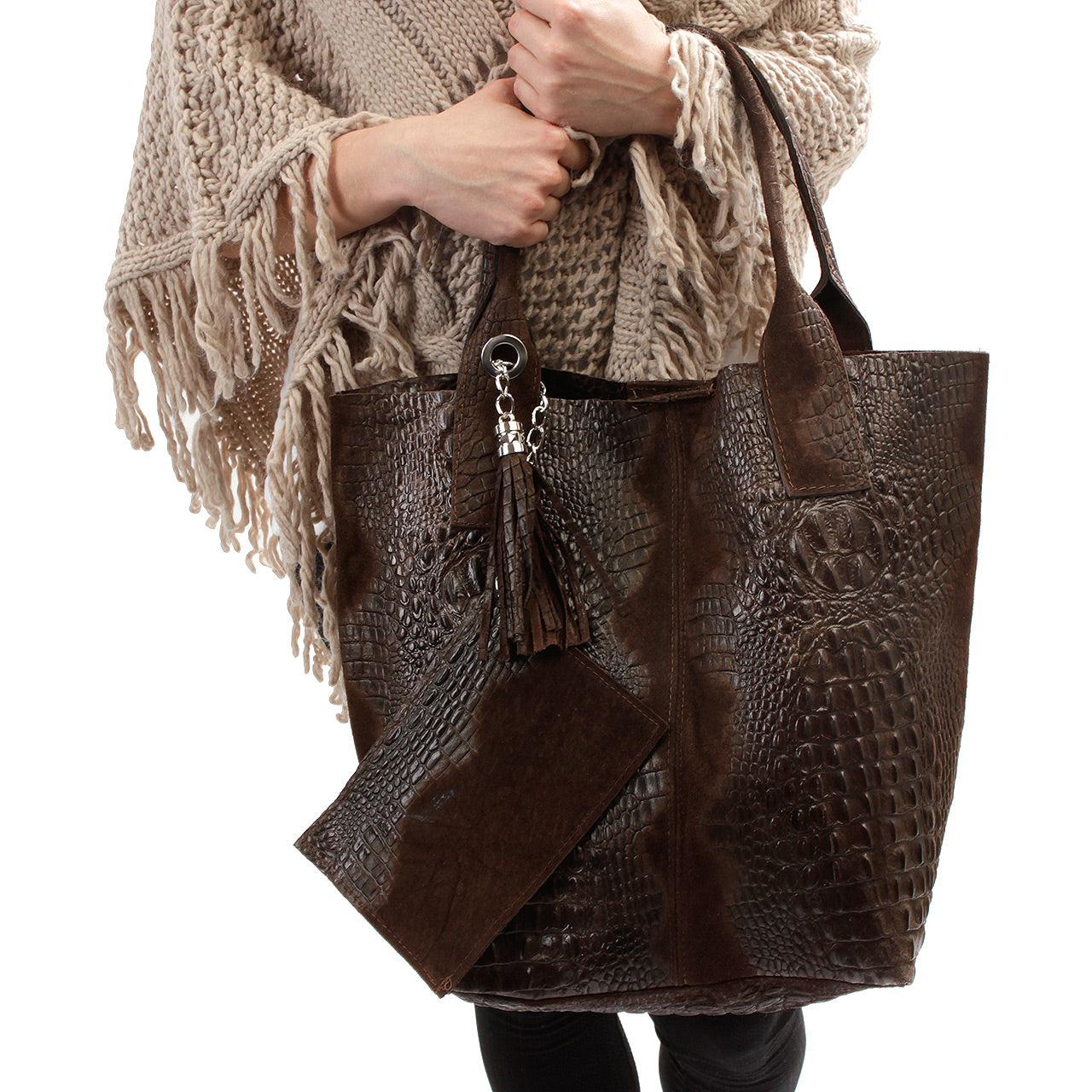 Leder Beutel Tasche Krokooptik Dunkelbraun