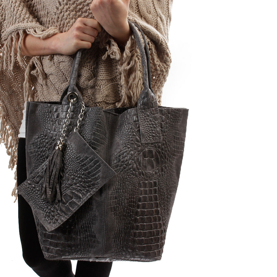 Leder Beutel Tasche Krokooptik Grau