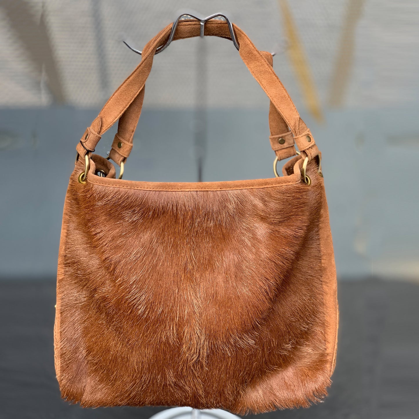 Große Leder Tasche mit Fell Hellbraun