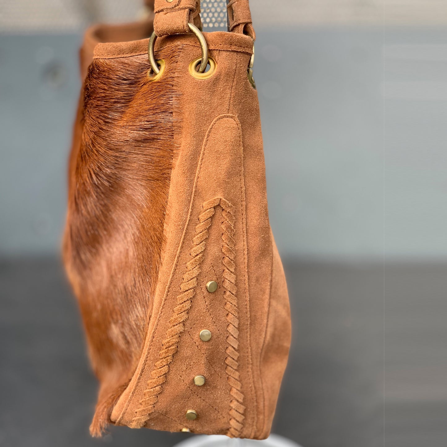 Große Leder Tasche mit Fell Hellbraun