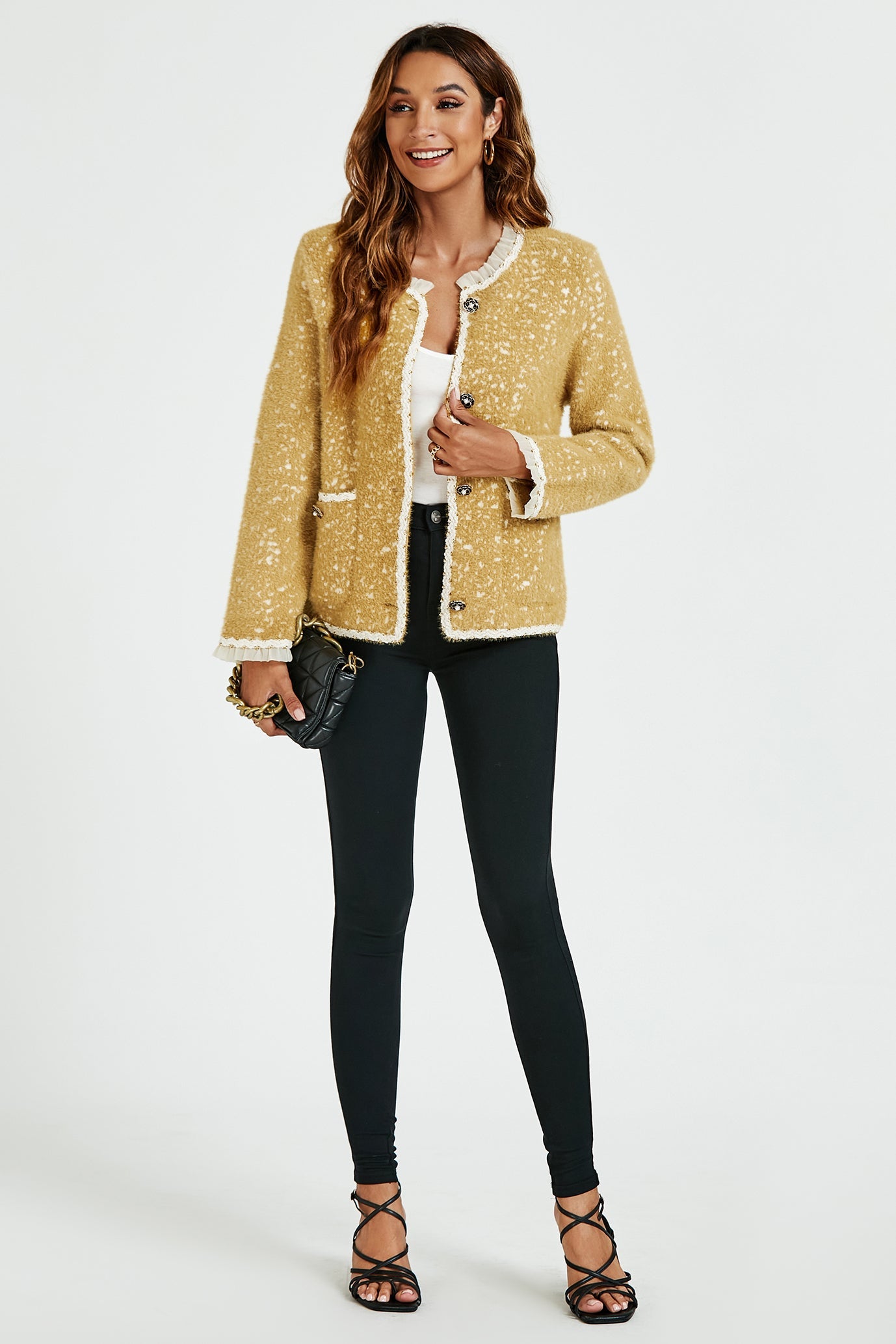 Leopard Pattern Lace Trim Boucle Jacket in Yellow