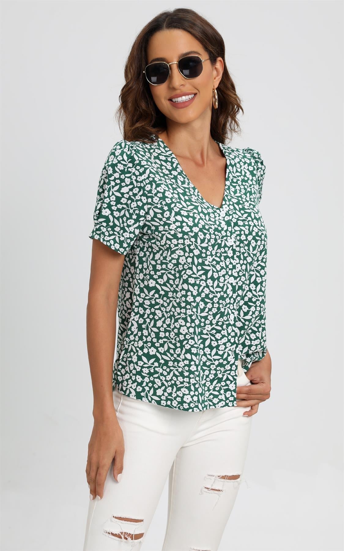 Short Sleeve Buttoned Blouse Top In Green & White Flora Print