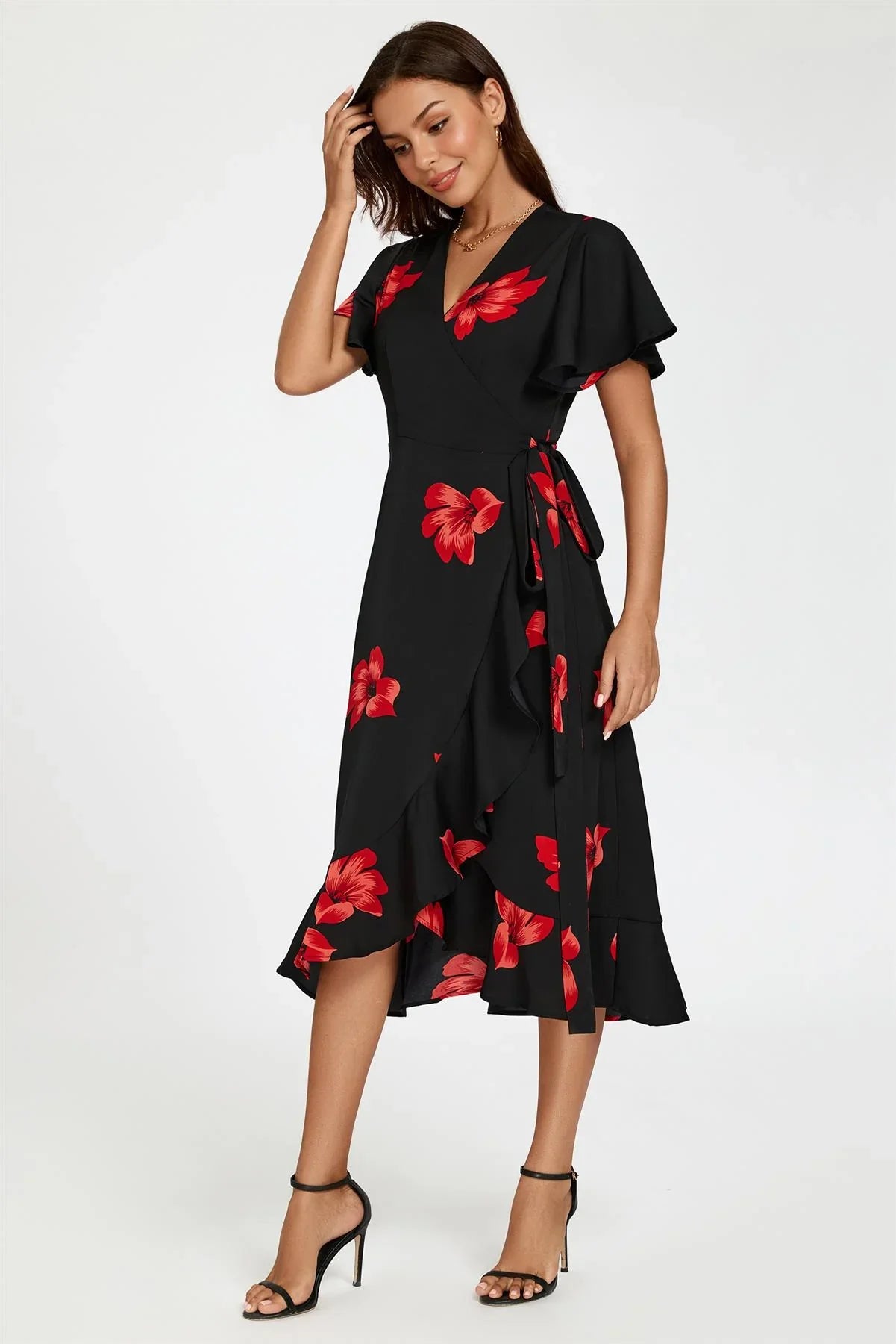 Floral Print Angel Sleeve Wrap Dress In Black