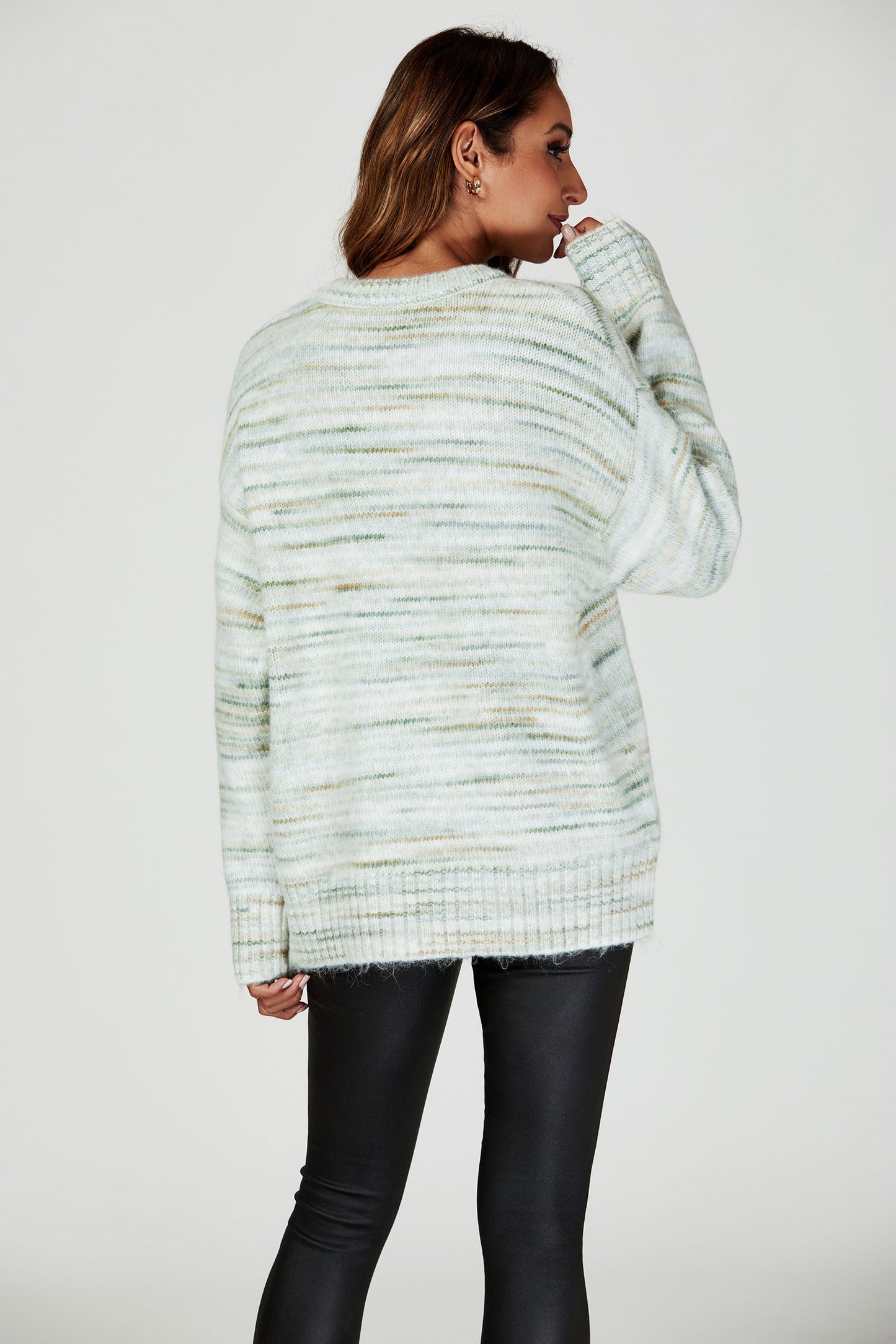 Relaxed Multi Knitted V Neck Jumper in Green und Cream