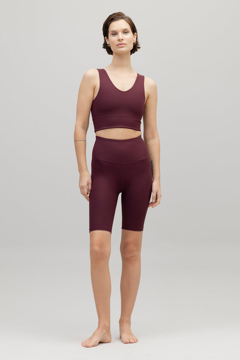 High-Waist Biker Ribbed Wine