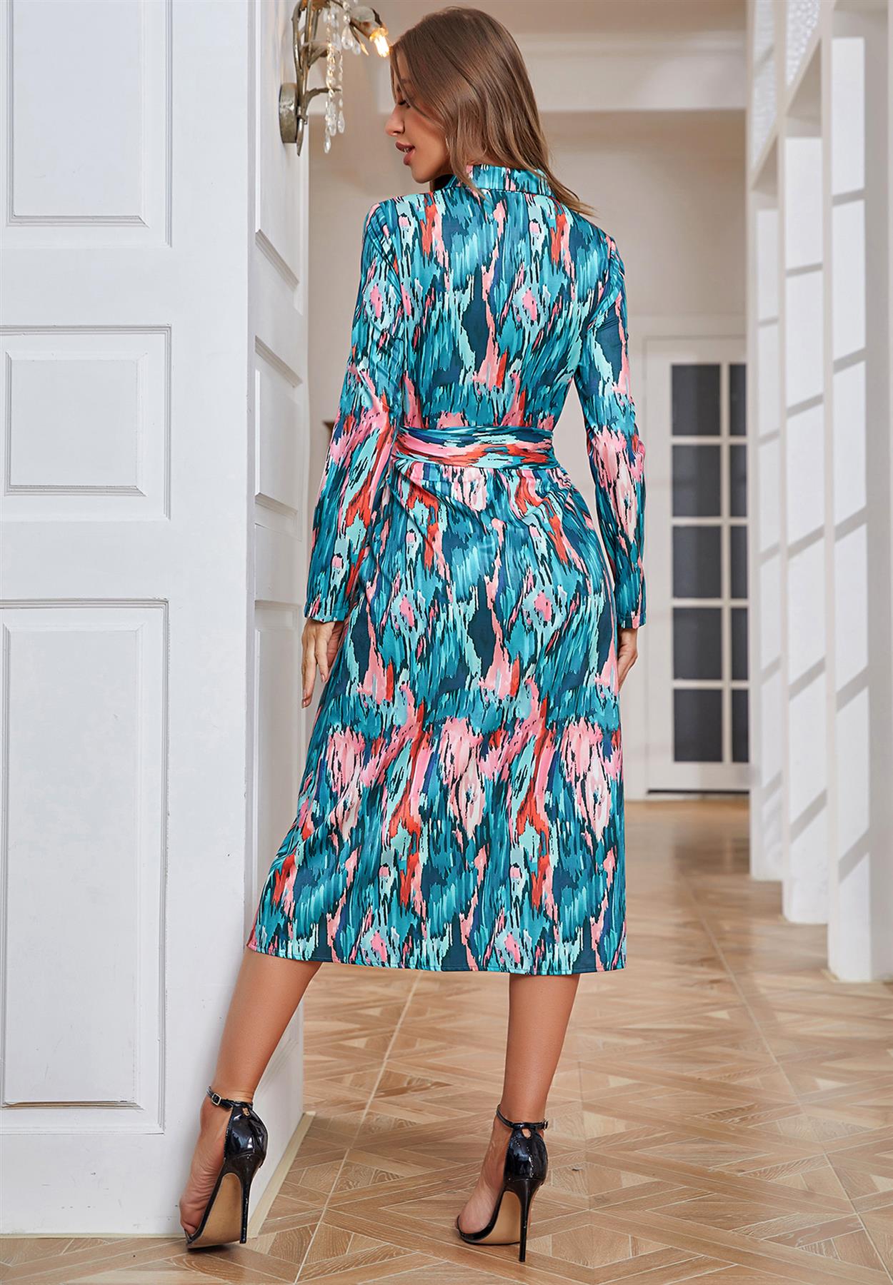 Multi Color Print Shirt Midi Wrap Dress In Green & Pink