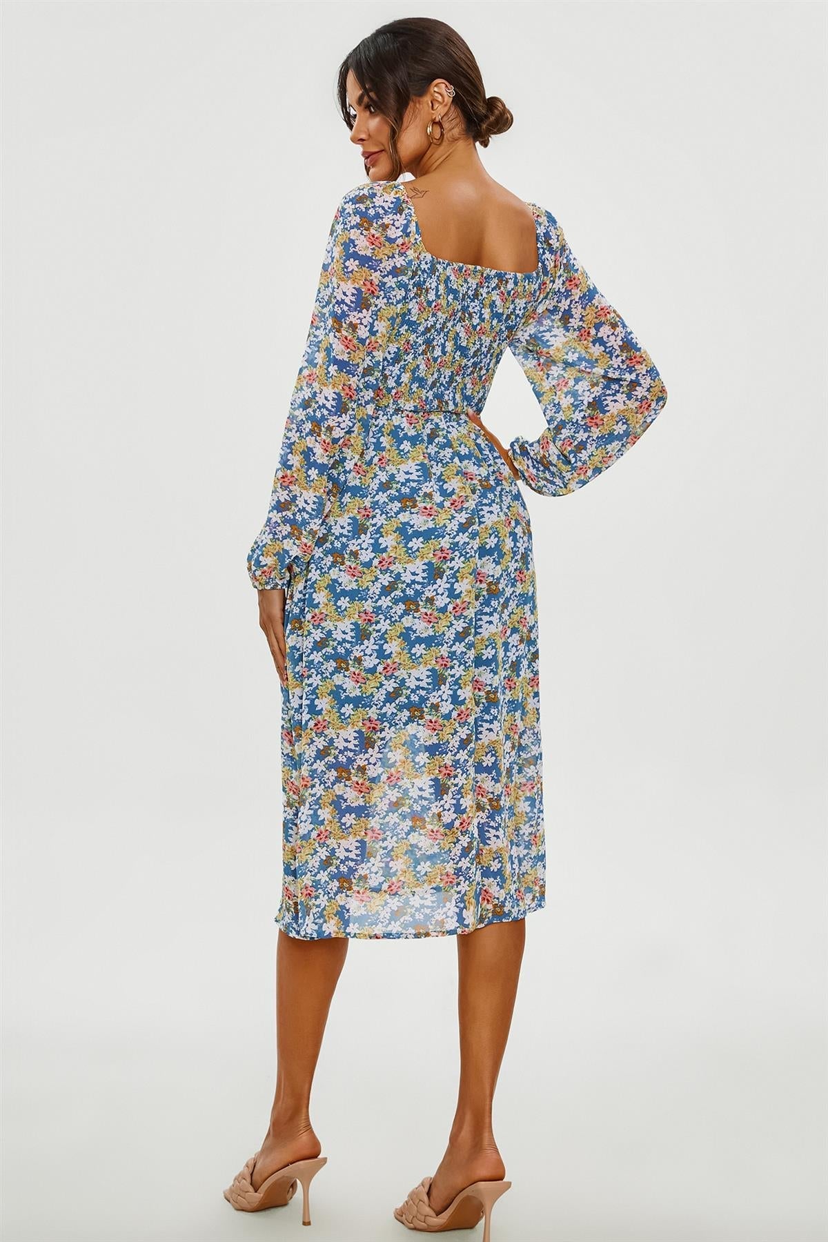 Floral Print Long Sleeve Maxi Dress In Blue