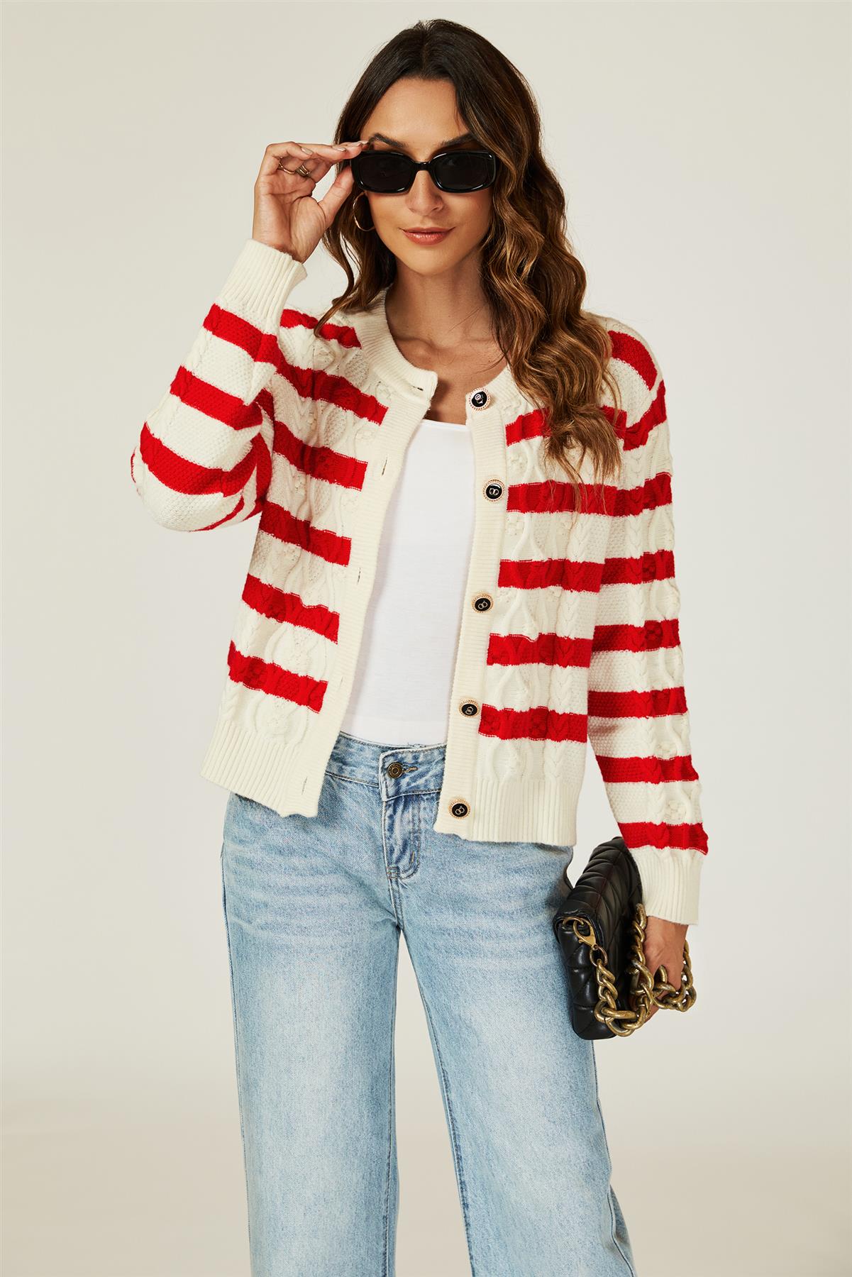 Stripe Pattern Knitted Cardigan In Red