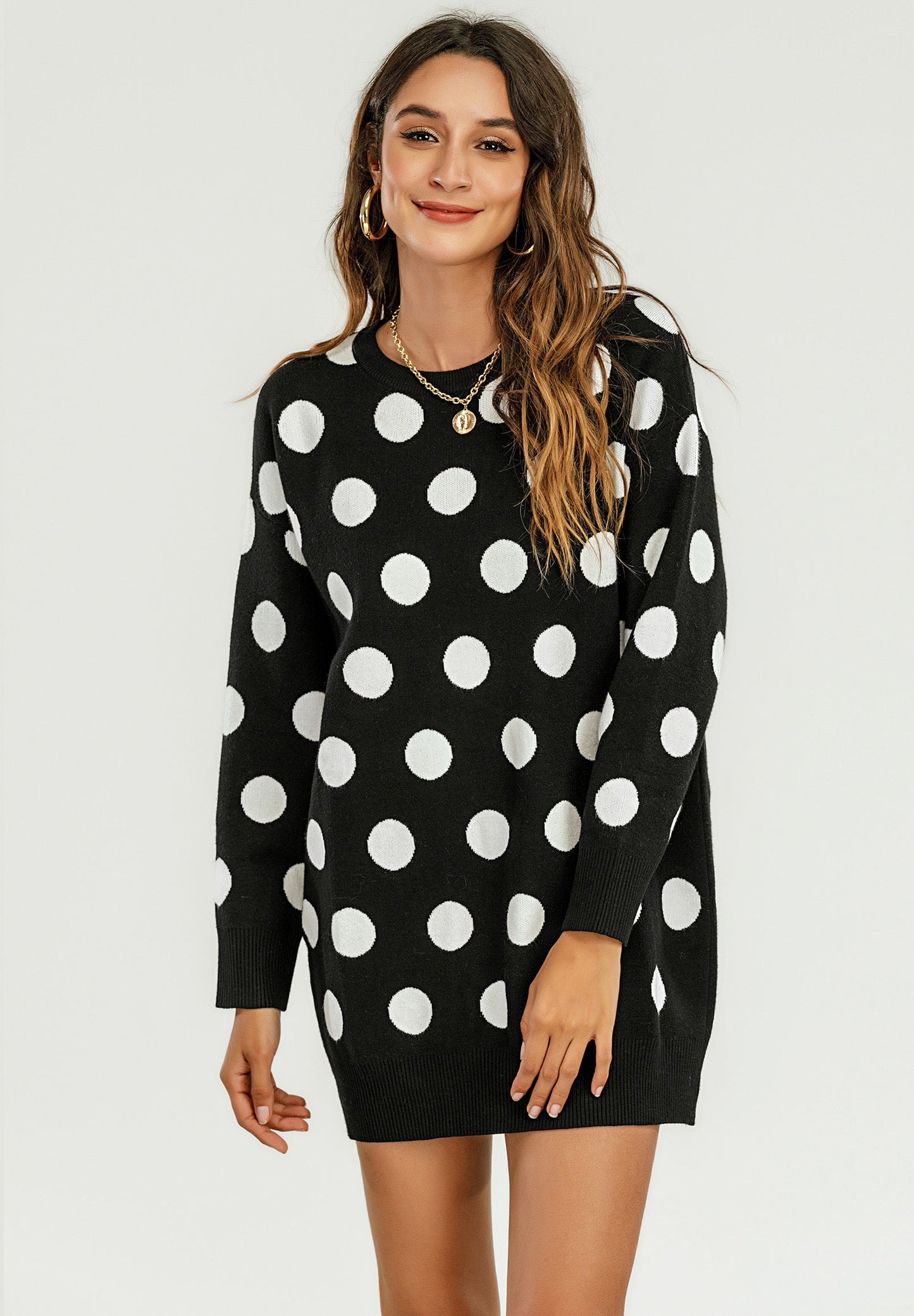 Knitted Tunic Mini Jumper Dress With Polka Dot Pattern