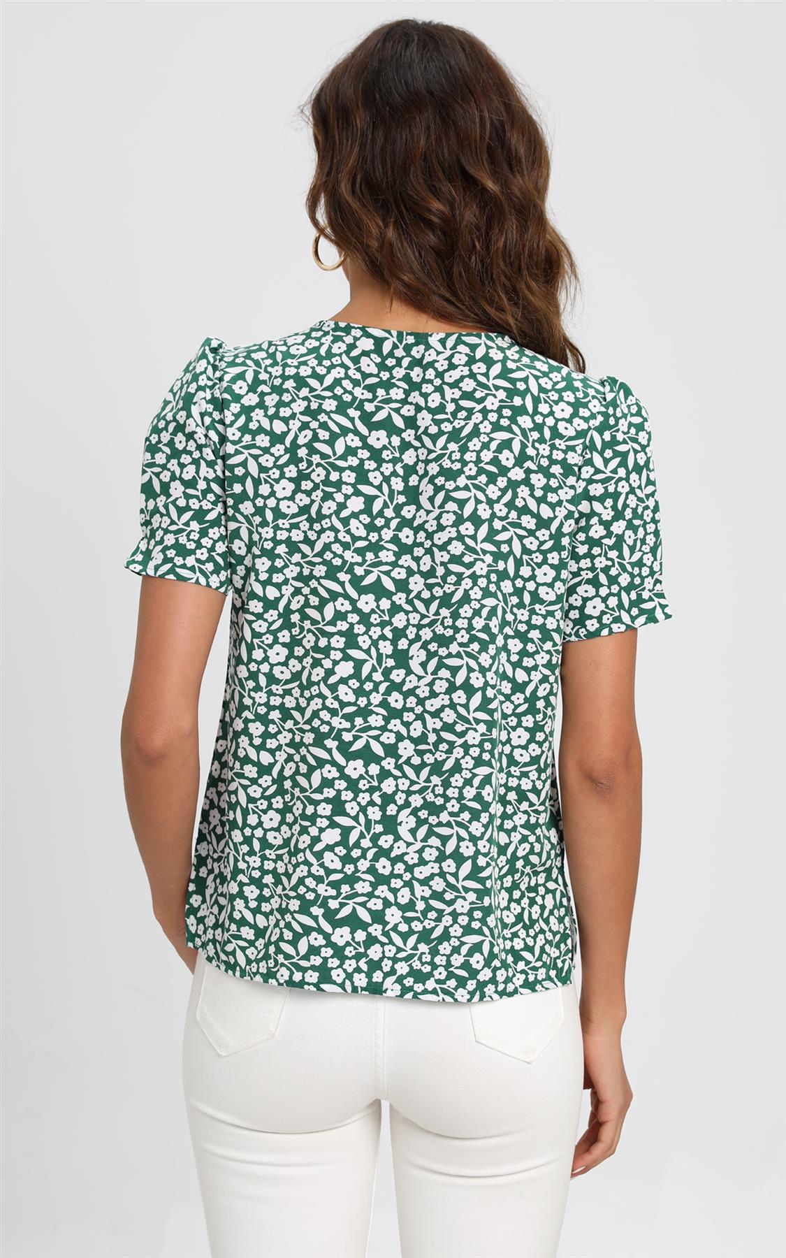 Short Sleeve Buttoned Blouse Top In Green & White Flora Print