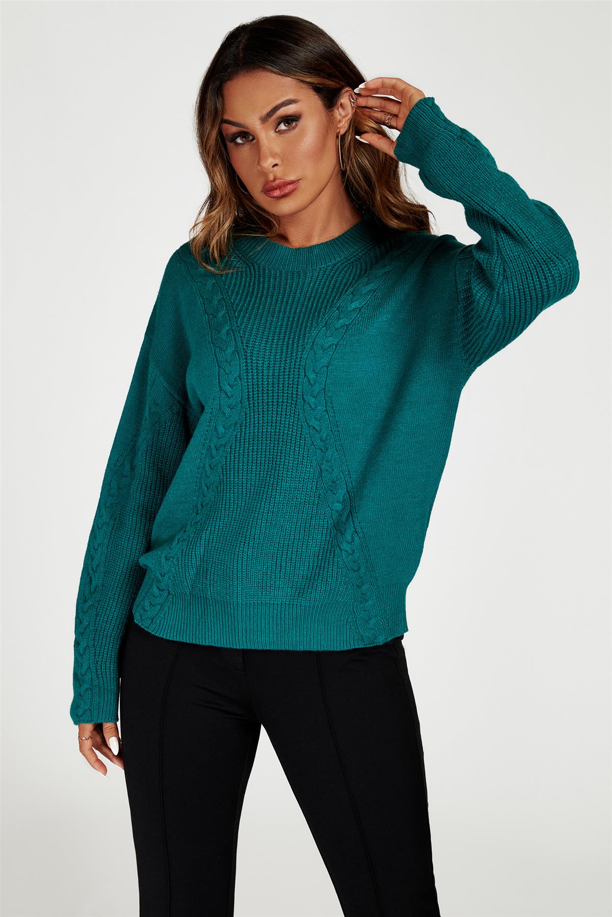 Cable Knit Crew Neck Jumper In Dark Green