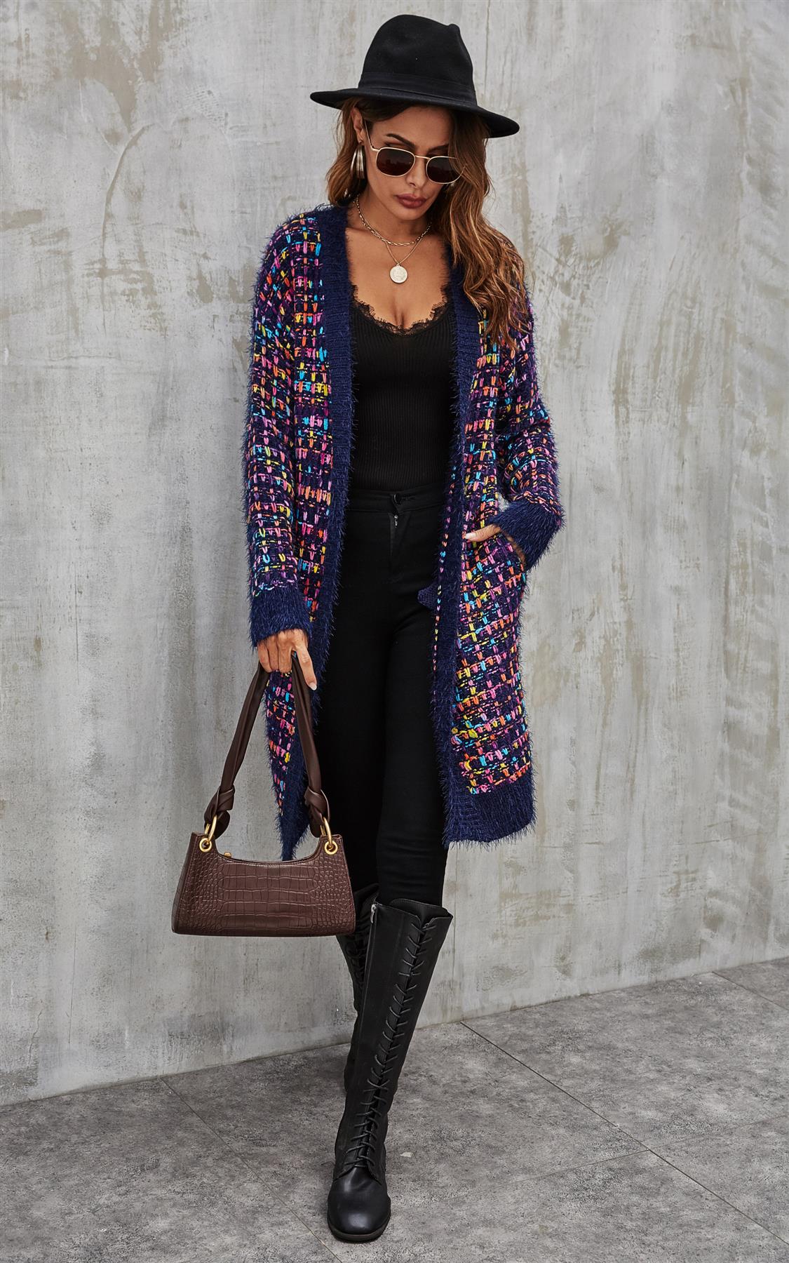 Pink mix Multi colour Speckles Boucle Check Cardigan In Navy