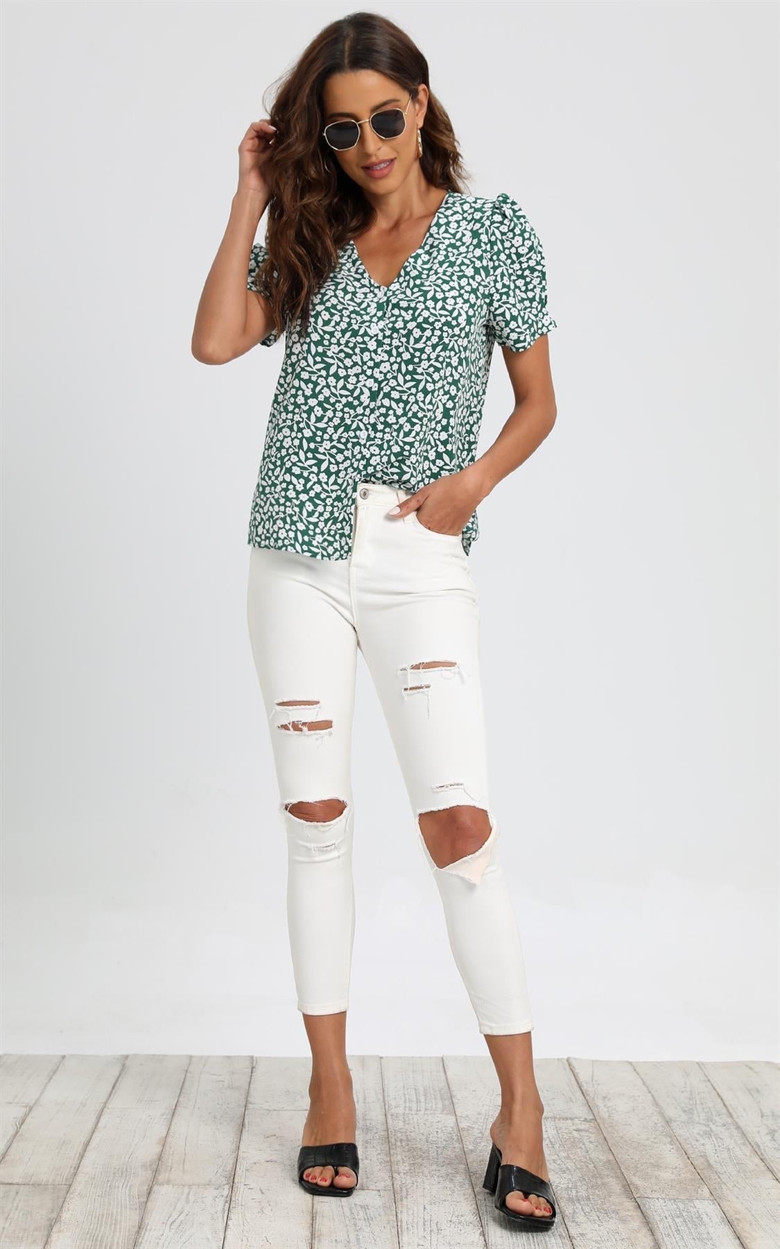 Short Sleeve Buttoned Blouse Top In Green & White Flora Print