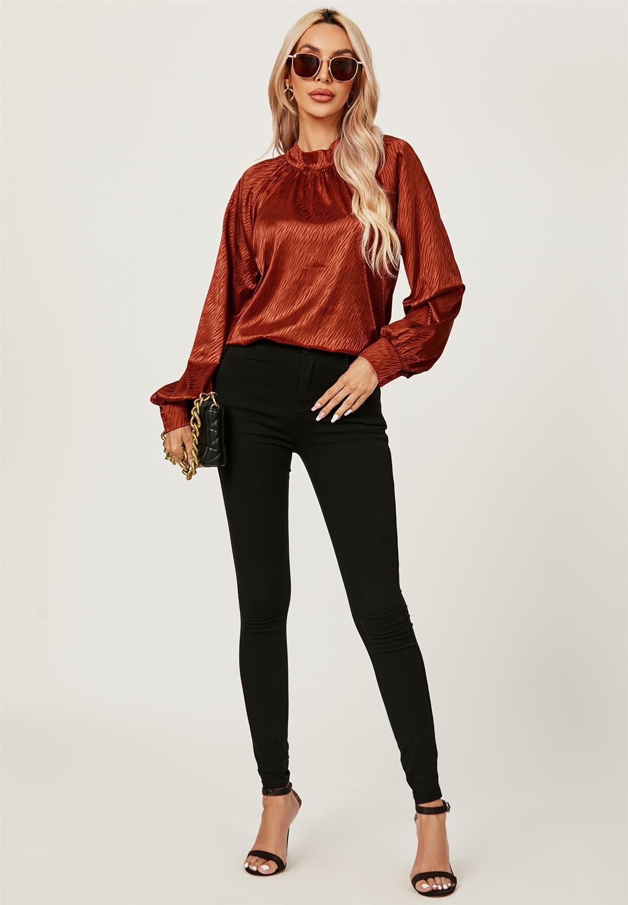 Halter Neck Satin Long Sleeve Blouse Top In Copper Red