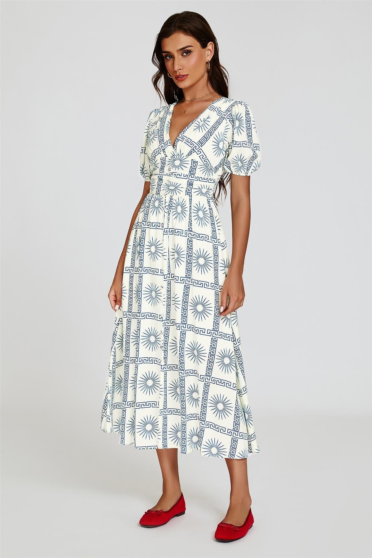 Geo Print Midi V neckline Dress In White