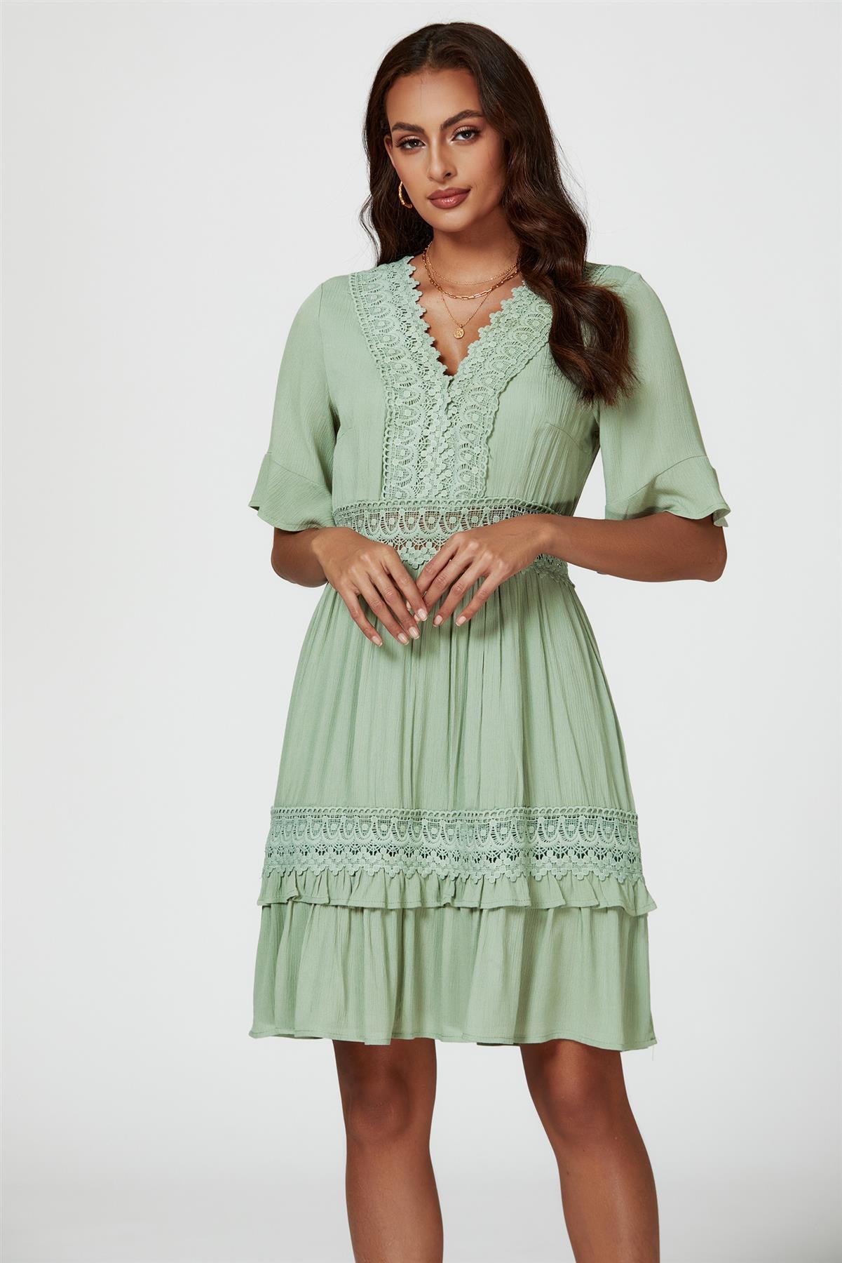V Neck Lace Mini Dress In Green