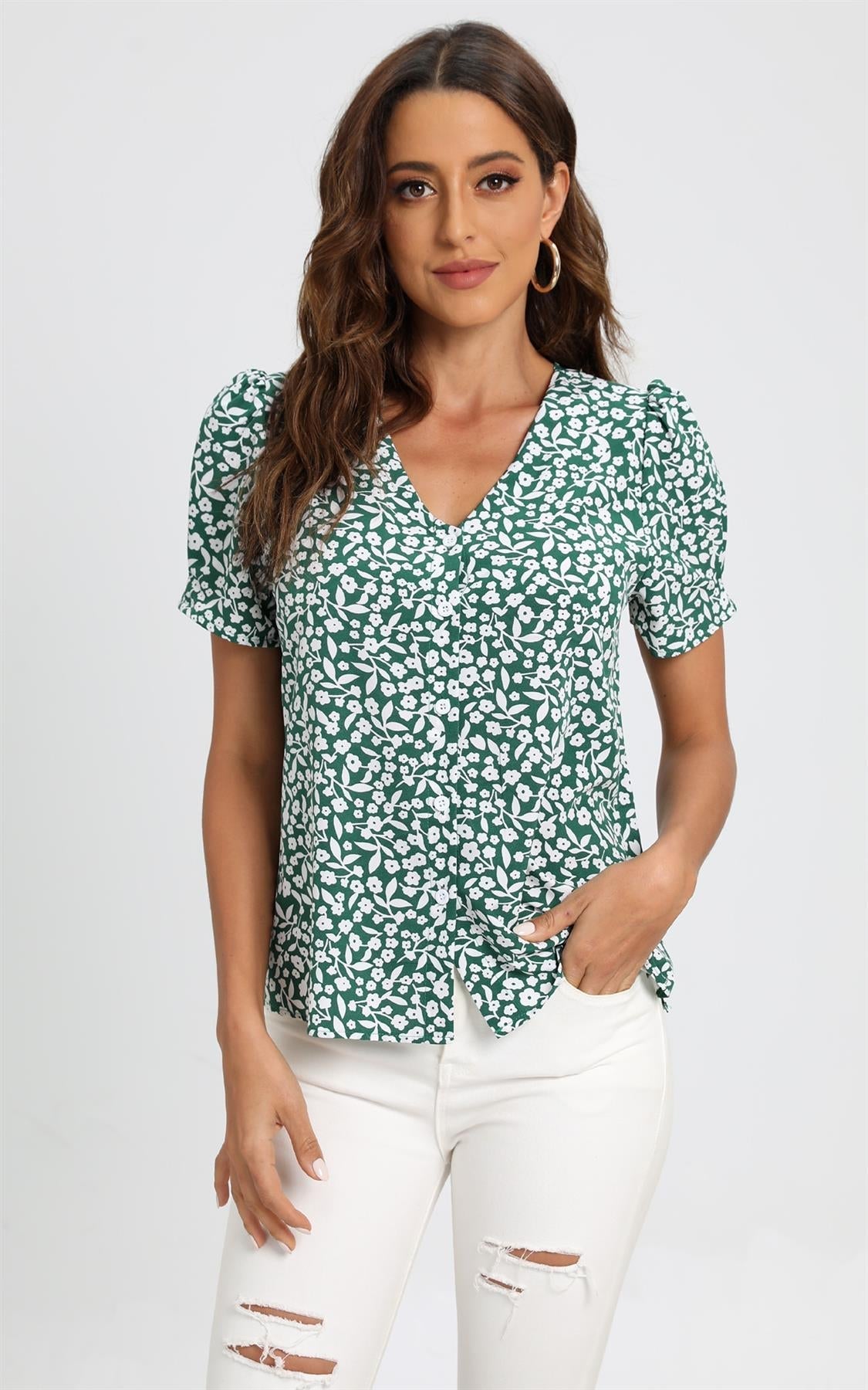 Short Sleeve Buttoned Blouse Top In Green & White Flora Print