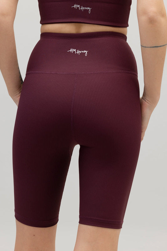 High-Waist Biker Ribbed Wine