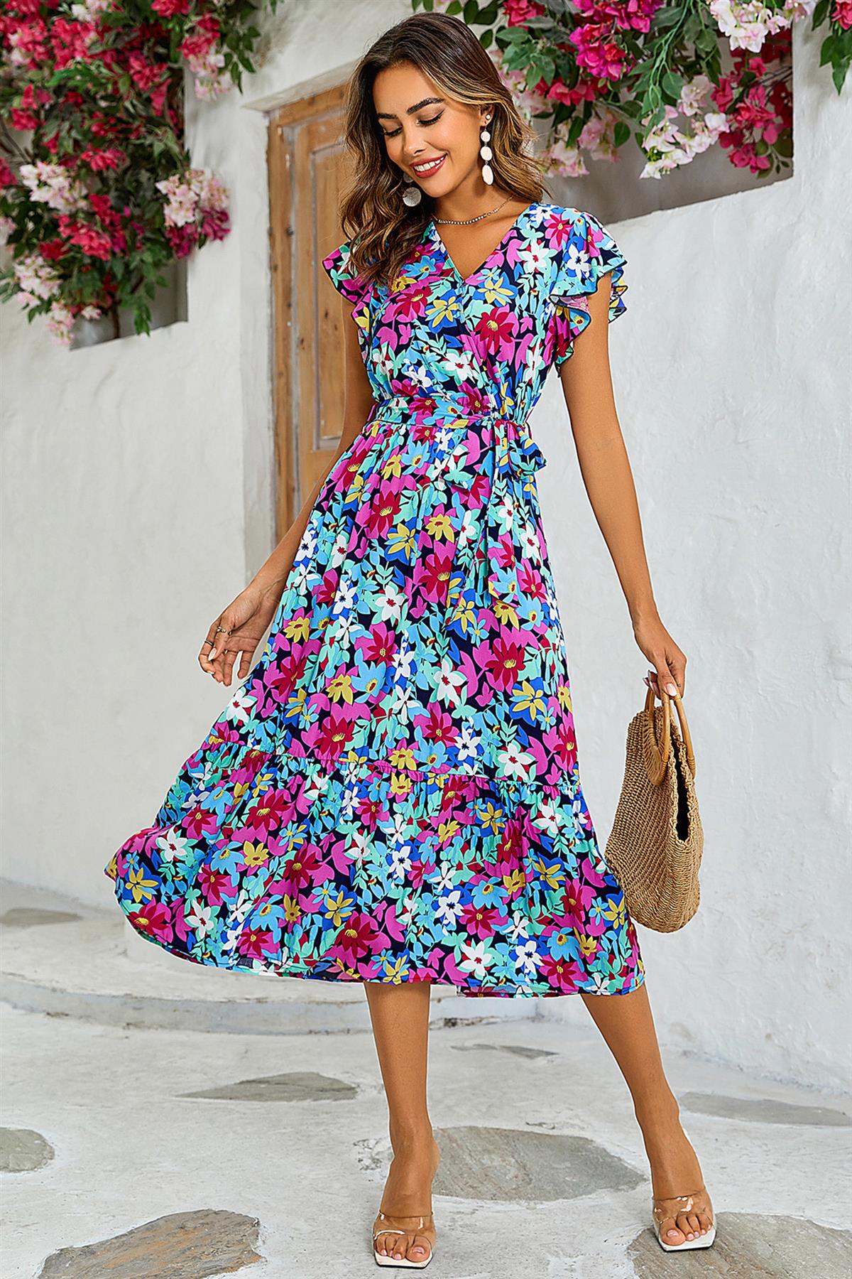 Multi Colour Floral Print Wrap Dress In Navy