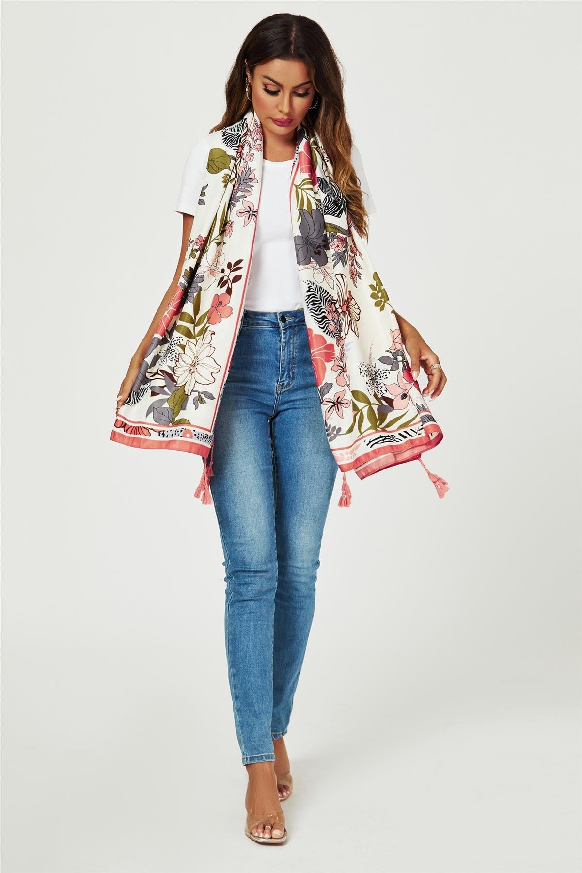 Tropical Floral Print Tassel Scarf In Pink