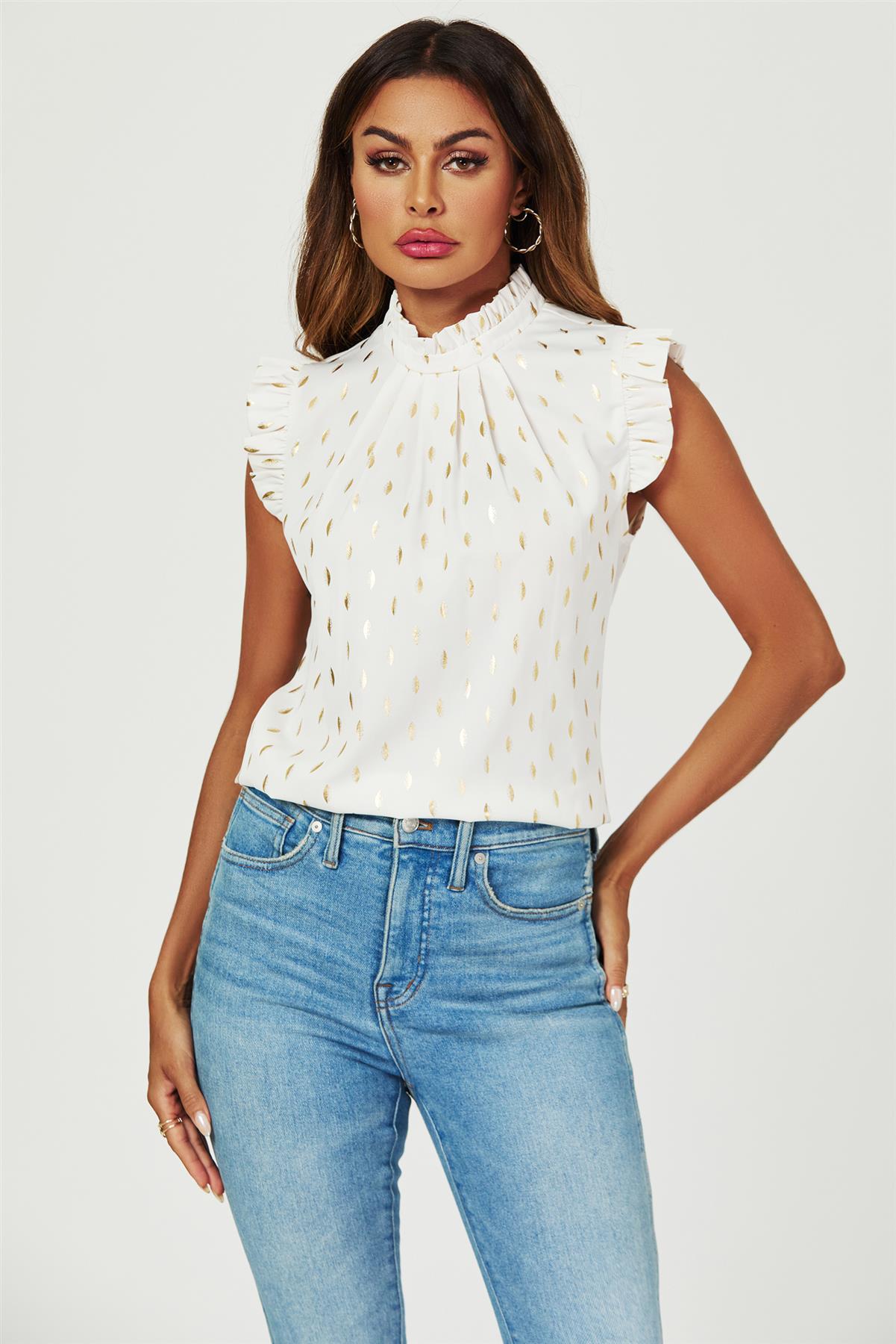 Gold Foil Frill Trim Sleeve High Neck Blouse Top In Cream