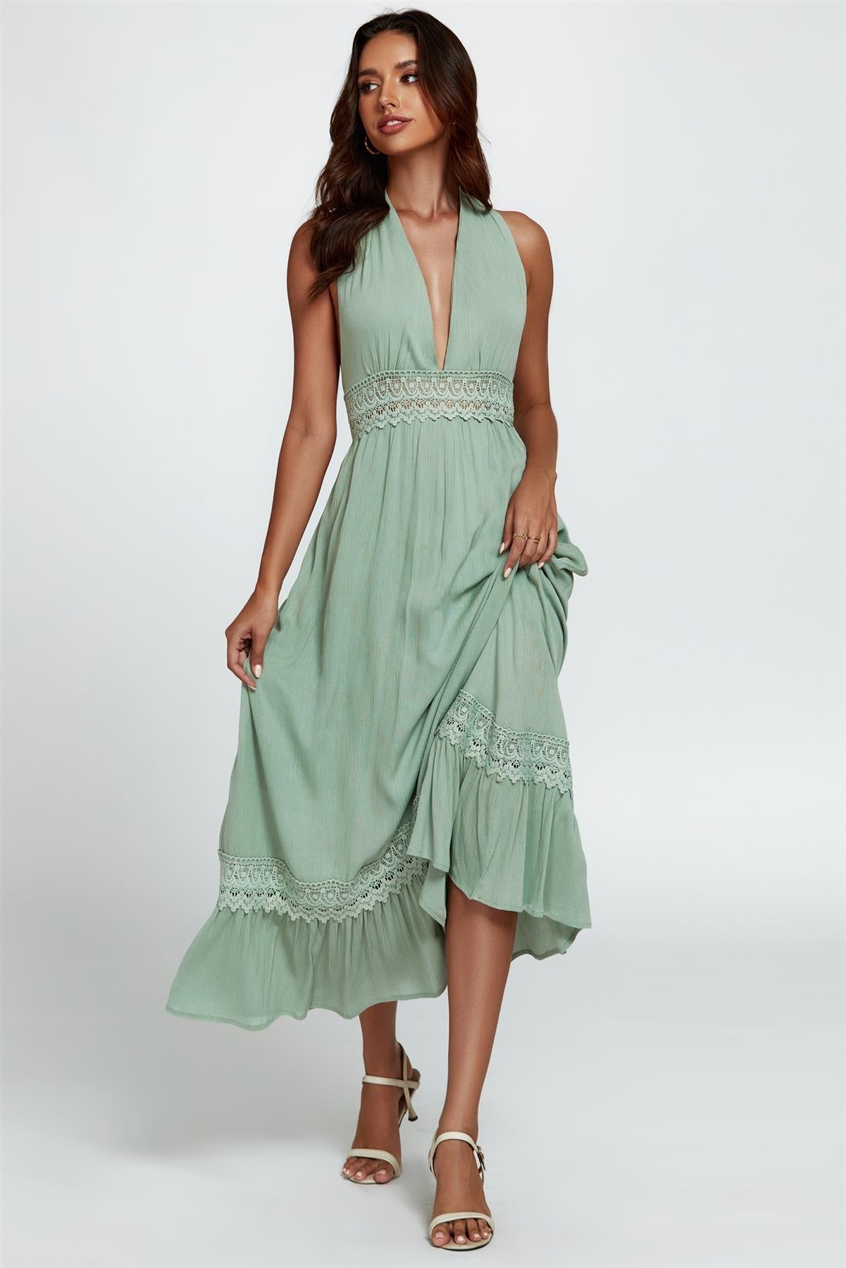 Lace Detail Adjustable Deep V Neckline Maxi Dress In Green