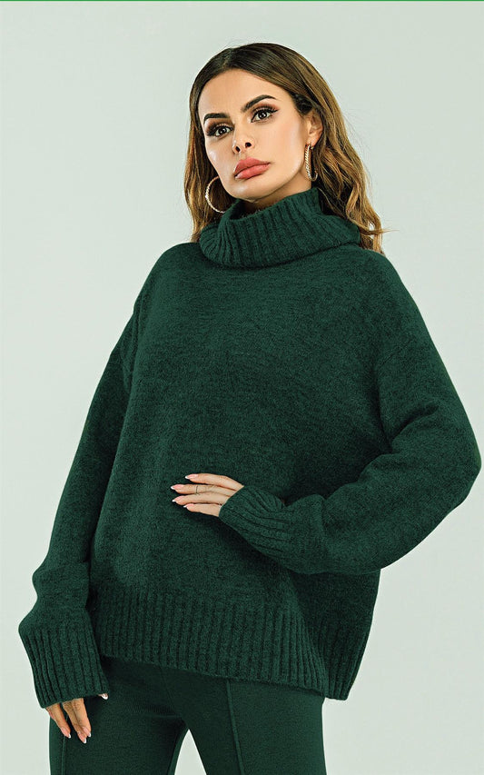 Wool Blended Jumper Top With High Neck In Dark Green
