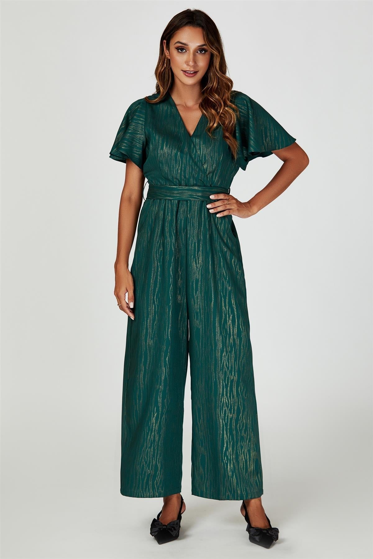 Gold Foil Print Wrap Top Jumpsuit In Green