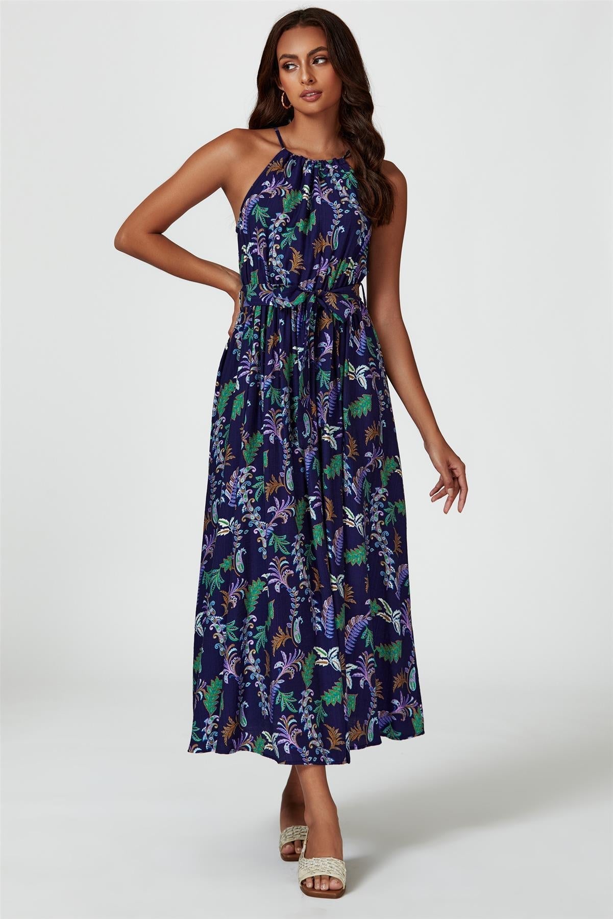 Floral Print Tie Halterneck Maxi Dress In Navy