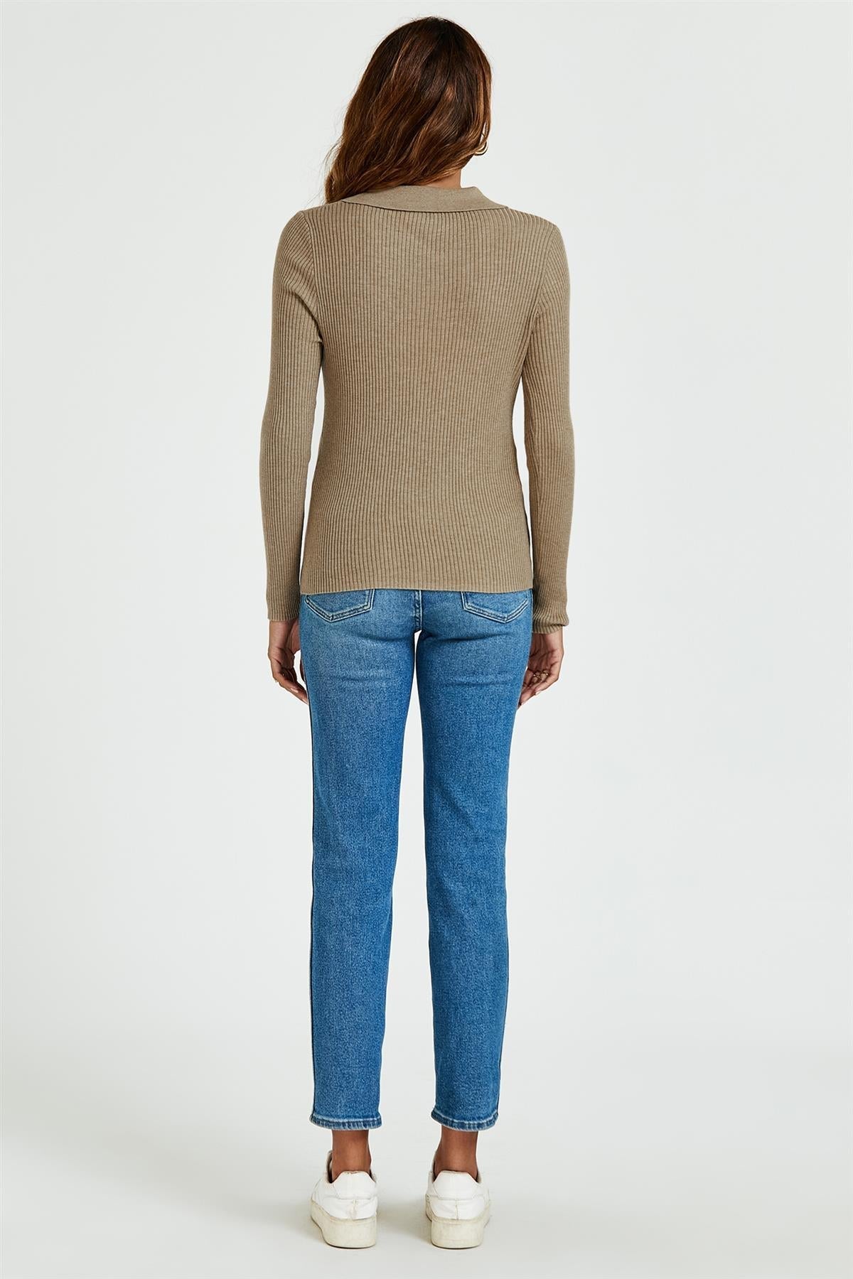 Morgan Collar Double Breasted Knit Top In Beige