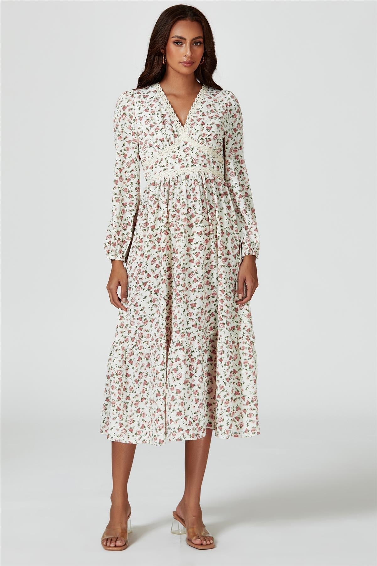 Floral Print Long Sleeve Midi Dress In White