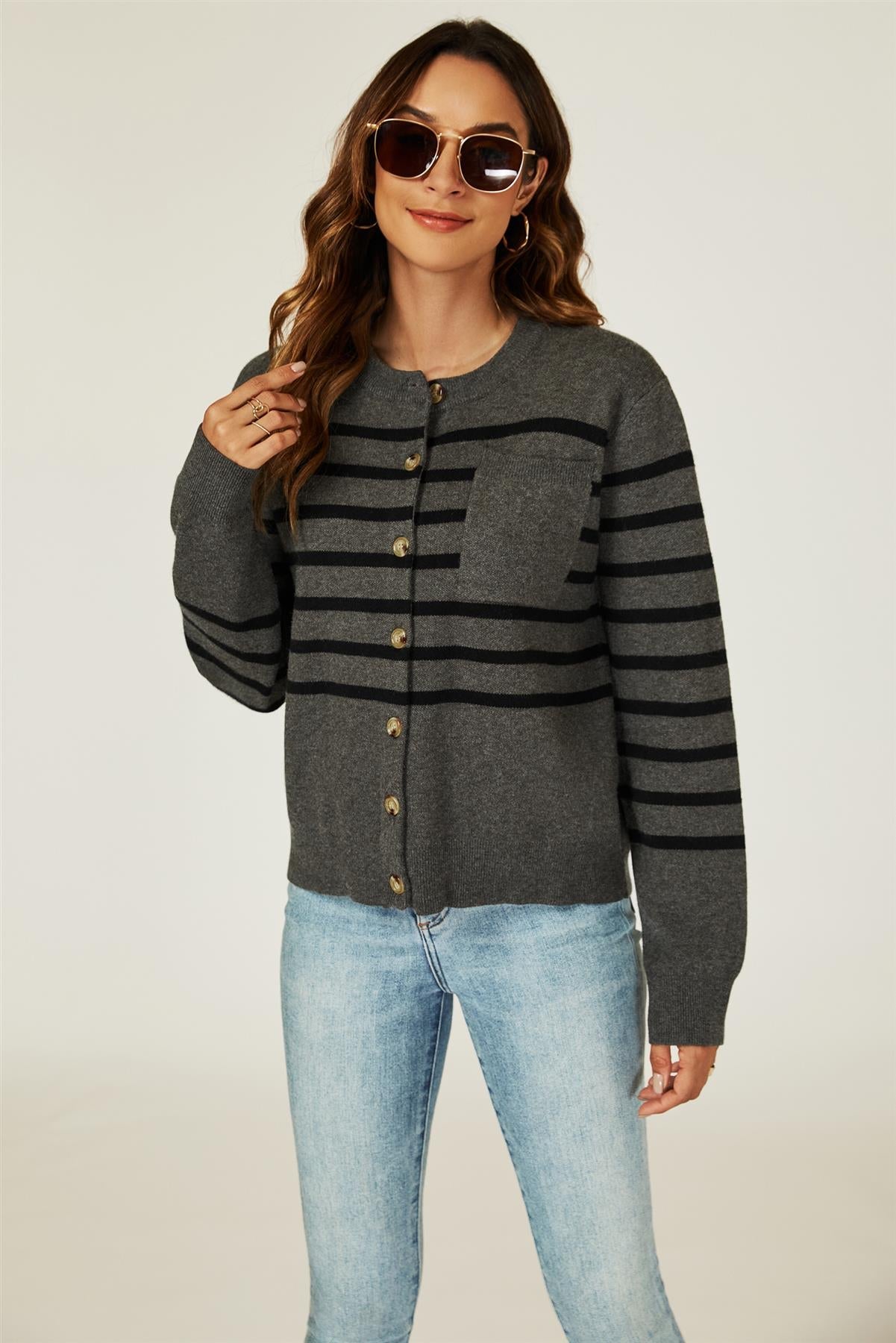 Pocket Stripe Knitted Cardigan In Dark Grey