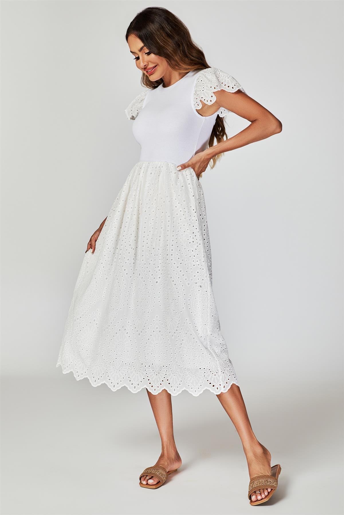 Jersey Broderie Midi Dress In White